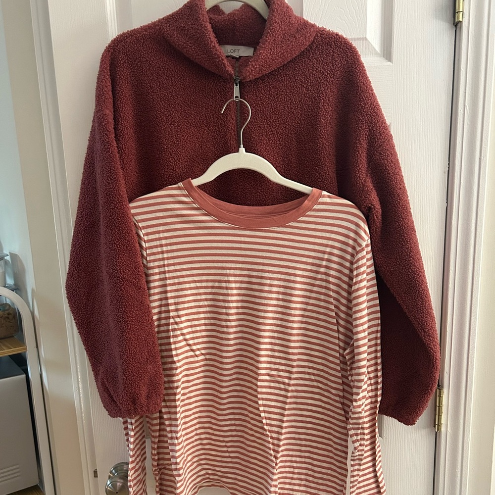 LOFT Sz XL Burgundy 1/4 Zip Sherpa Sweatshirt/Long Sleeve TShirt Bundle